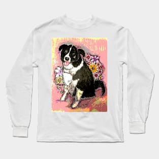 Border Collie with flower boquet.  Mixed Media. Long Sleeve T-Shirt